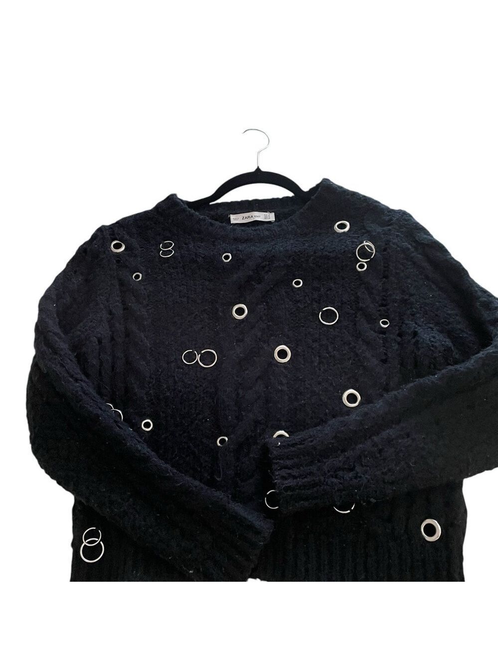 Zara Chunky Knit Cropped Sweater, Size S, Black, Silver Circle Hardware …